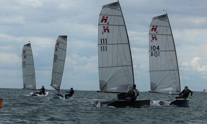 Richard Leftley (115), Jack Holden (103), Doug Powell (104) and Ian Sanderson (111) round the weather mark on day 3 of the Hadron H2 National Championship at Arun photo copyright Keith Callaghan taken at Arun Yacht Club and featuring the Hadron H2 class