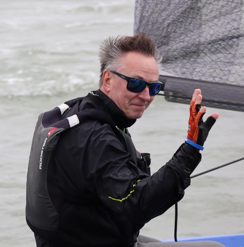 Neal Lillywhite acknowledging his first win at an H2 event during the Brightlingsea Hadron H2 Open photo copyright Keith Callaghan taken at Brightlingsea Sailing Club and featuring the Hadron H2 class