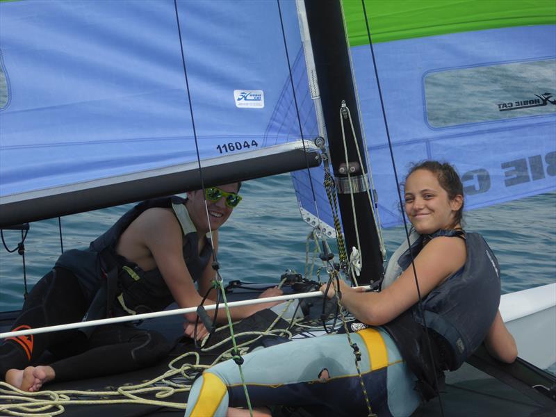 Youth Hobie 16 team, Elsa Swetenham and Owen Harper. 3rd place finishers H16 'A' Fleet during the RCIYC Hobie Fleets Rosscot Spring Series photo copyright Elaine Burgis taken at Royal Channel Islands Yacht Club and featuring the Hobie 16 class