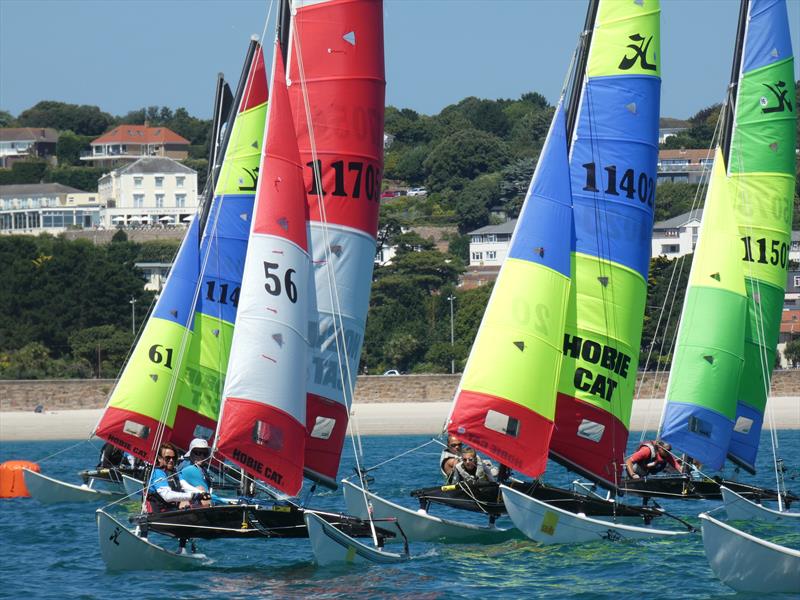 Hobie 16 start during the Love Wine 'Summer Breeze' Series in Jersey photo copyright Elaine Burgis taken at Royal Channel Islands Yacht Club and featuring the Hobie 16 class