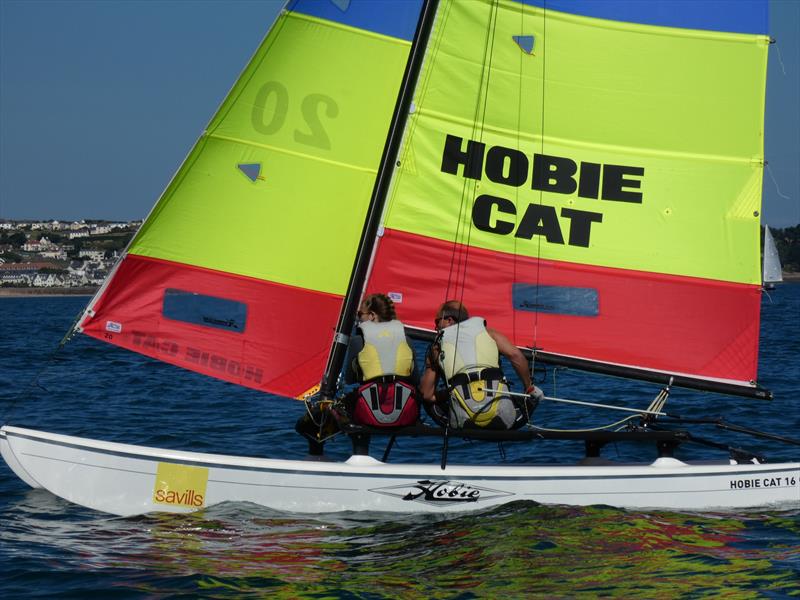 Hobie 16 team, Aaron Le Cornu and daughter Zara during the Love Wine 'Summer Breeze' Series in Jersey photo copyright Elaine Burgis taken at Royal Channel Islands Yacht Club and featuring the Hobie 16 class