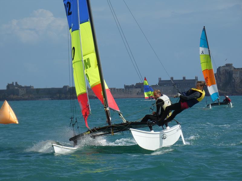 Aaron and Zoe Le Cornu during the RCIYC Hobie Fleets Love Wine 'Summer Breeze' series photo copyright Elaine Burgis taken at Royal Channel Islands Yacht Club and featuring the Hobie 16 class