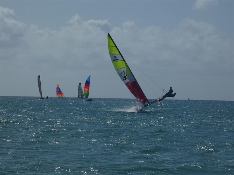 Trapezing on a Hobie 16 during the RCIYC Hobie Fleets Love Wine 'Summer Breeze' series - photo © Elaine Burgis