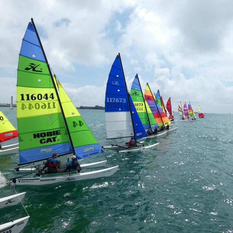 Hobie 16 start during the Savills Channel Islands Hobie Cat Championships photo copyright Elaine Burgis taken at Royal Channel Islands Yacht Club and featuring the Hobie 16 class