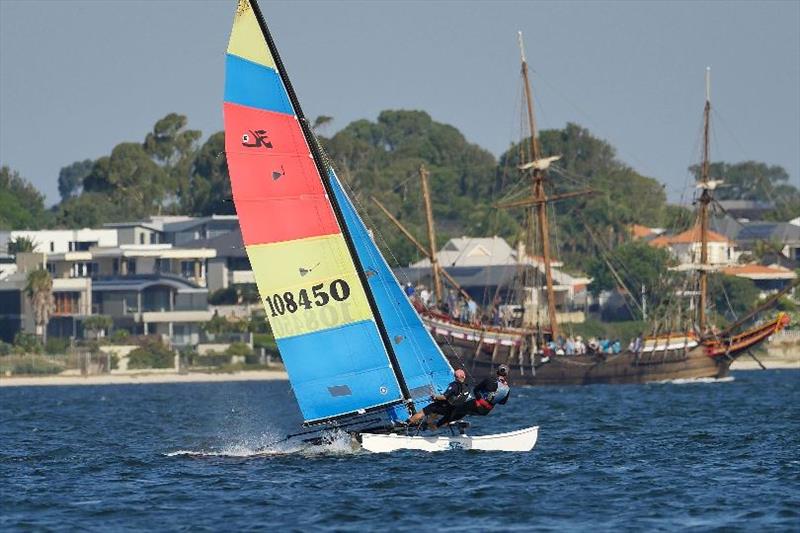 New to the class for the event, James Korweibel and Anthony Robinson - Hobie 16 State Championships 2019 photo copyright Lindsay Preece / Ironbark Photos taken at Nedlands Yacht Club and featuring the Hobie 16 class