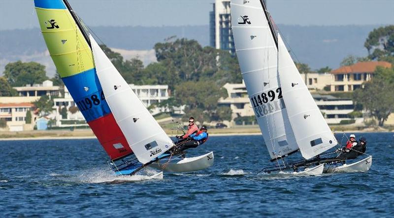Youth team Sam and Lachy challenging to leeward - Hobie 16 State Championships 2019 photo copyright Lindsay Preece / Ironbark Photos taken at Nedlands Yacht Club and featuring the Hobie 16 class