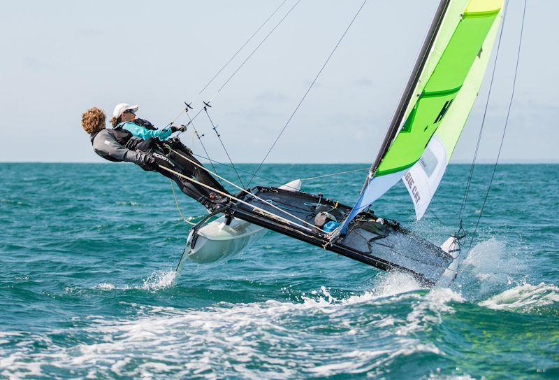 Hobie 16 winners, Ollie Voak and Megan Roworth, in the Estimating Services Minquiers Cat Dash photo copyright Jack Clayden taken at Royal Channel Islands Yacht Club and featuring the Hobie 16 class