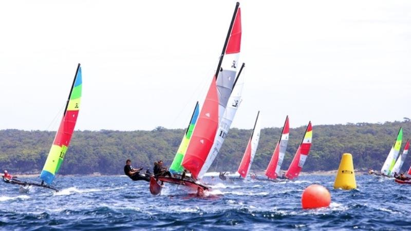 Gav & Sasha, coming in hot – 2011-10 Hobie Nationals – Jervis Bay photo copyright hobiecat.asn.au taken at Jervoise Bay Sailing Club and featuring the Hobie 16 class