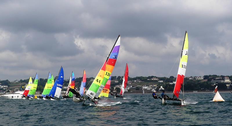Hobie start on Saturday during the Carey Olsen Jersey Regatta 2022 photo copyright Bill Harris taken at Royal Channel Islands Yacht Club and featuring the Hobie 16 class