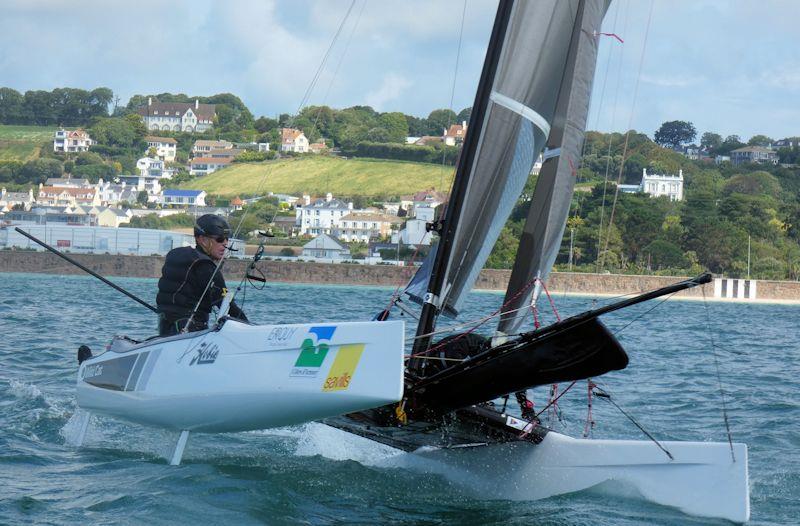 Adrian Jesson and Paul Martin win the Wildcat class in the RCIYC Hobie Fleets Love Wine 'Summer Breeze' Series 2020 photo copyright Elaine Burgis taken at Royal Channel Islands Yacht Club and featuring the Hobie Wild Cat class