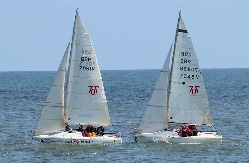 Spring Series and Commodores Cup races at Scarborough - Leeds University Entrants beating a challenger photo copyright Chris Clark taken at Scarborough Yacht Club and featuring the 707 class