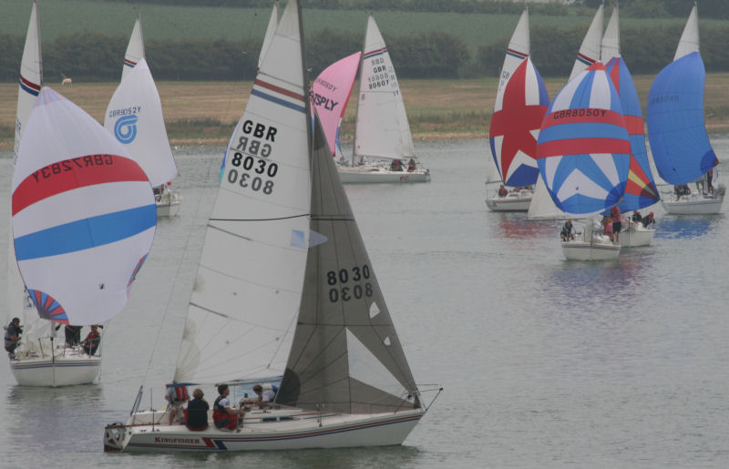 Kingfisher leads the way during day 3 of the Hunter Formula One nationals at Rutland photo copyright Liz Bonar taken at Rutland Sailing Club and featuring the Hunter Formula One class