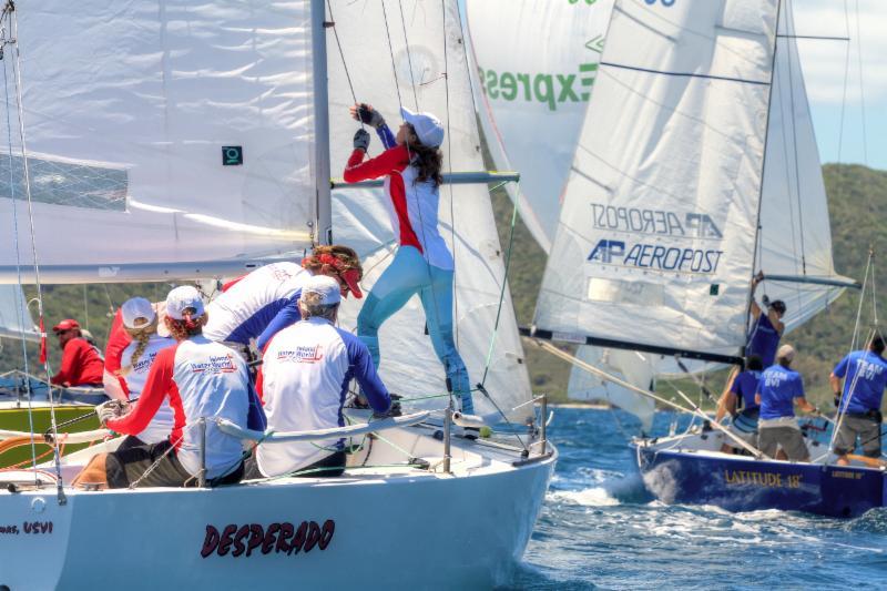 Plenty of action on the one design course today for the IC24 fleet. Frits Bus & Chuck Pessler's Island Water World from St Thomas is 2 points ahead of Colin Rathbun's Aeropost.com on day 1 of the BVI Spring Regatta photo copyright BVISR / www.ingridabery.com taken at Royal BVI Yacht Club and featuring the IC24 class