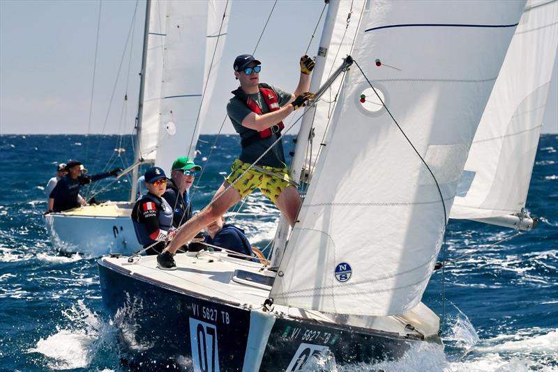 Fast-paced mark rounding action in the IC24 Class at the 2023 St. Thomas International Regatta photo copyright Dean Barnes taken at St. Thomas Yacht Club and featuring the IC24 class