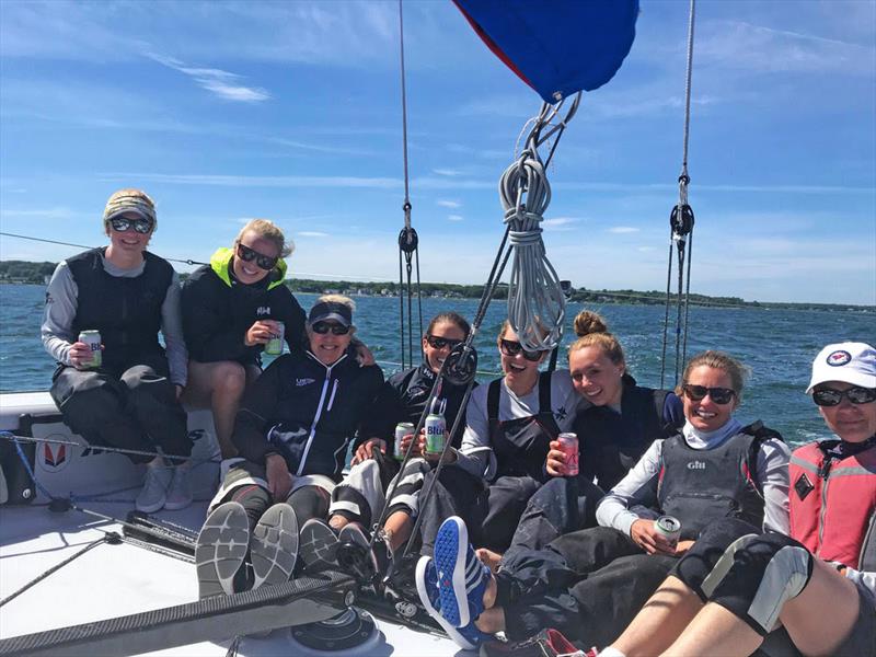 From Left: Amina Brown (runners), Katja Sertl (trimmer 1), Cory Sertl (co-skipper/tactician), Meredith McKinnon (mast), Hollis Barth (trimmer 2), Colette Fortenberry (float, squirrel, assistant), Hillary Noble (bow), Kathy Geftner (pit) - photo © Hannah Noll