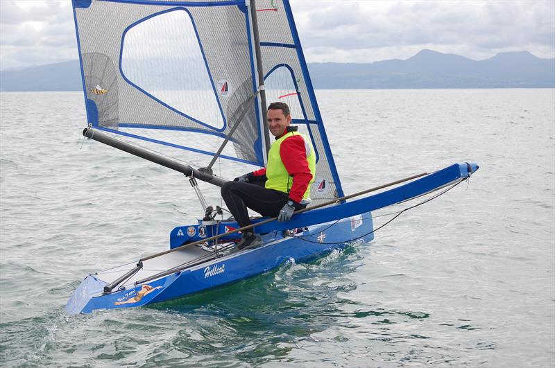 Despite the conditions, the sailors are still having fun (even if you're an Australian sailing in a chartered US boat that has more stars and stripes than the 4th July) on day 2 of the International Canoe Worlds at Pwllheli - photo © David Henshall