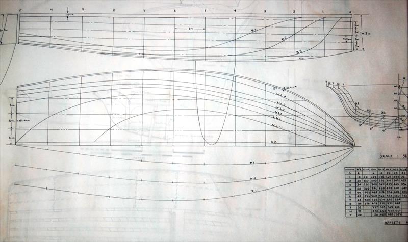 John loved that 505 hull form and would revisit it many times, such as with these lines for a five-O shaped International Moth photo copyright G. Westell / D Henshall taken at  and featuring the International Moth class