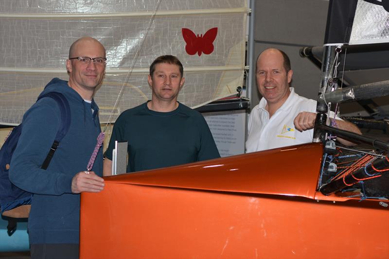 Former Hungry Tiger owner Michael Kerslake with Paul and John at the RYA Dinghy Show 2019 photo copyright Katie Hughes taken at RYA Dinghy Show and featuring the International Moth class