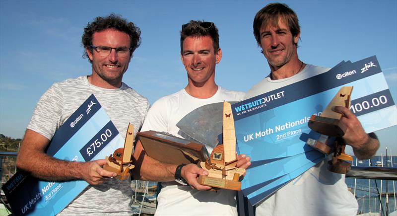 (l-r) Benoit Marie (3rd), Dylan Fletcher (1st), Brad Funk (2nd) in the 2019 Wetsuit Outlet UK Moth Nationals at Castle Cove SC photo copyright Mark Jardine / IMCA UK taken at Castle Cove Sailing Club and featuring the International Moth class