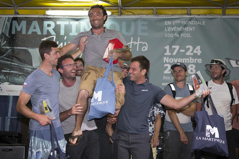 Moth sailors help winner Anthony Rezzoug celebrate - photo © Jean-Marie Liot / Martinique Flying Regatta