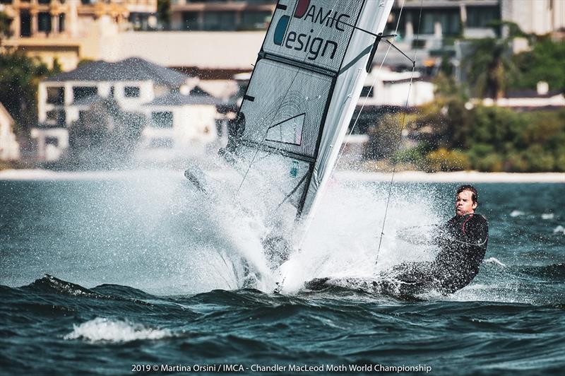 Alan Punch getting a little wet on the opening day of racing - 2019 Chandler Macleod Moth World Championship photo copyright Martina Orsini taken at Mounts Bay Sailing Club, Australia and featuring the International Moth class
