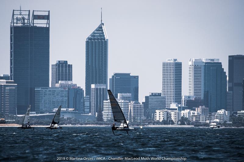 The Moth fleet raced in front of the picturesque Perth skyline - 2019 Chandler Macleod Moth World Championship photo copyright Martina Orsini taken at Mounts Bay Sailing Club, Australia and featuring the International Moth class