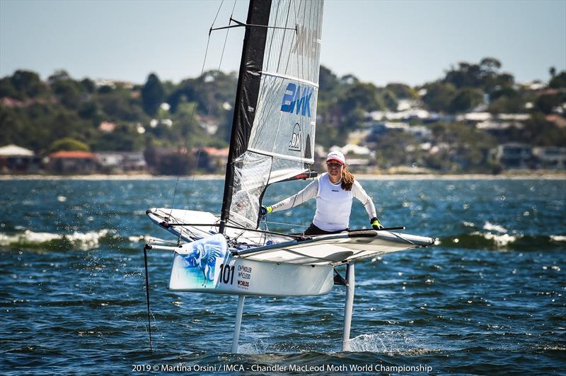 German Franziska Maege on the opening day of the 2019 Chandler Macleod Moth Worlds photo copyright Martina Orsini taken at Mounts Bay Sailing Club, Australia and featuring the International Moth class
