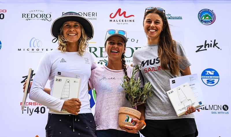 From left - Jo Aleh (NZL), Josie Gliddon (GBR) and Franziska Mage (GER) - 2021 Int Moth Worlds - Malcesine -  Lake Garda - August 2021  photo copyright Martina Orsini taken at Fraglia Vela Malcesine and featuring the International Moth class