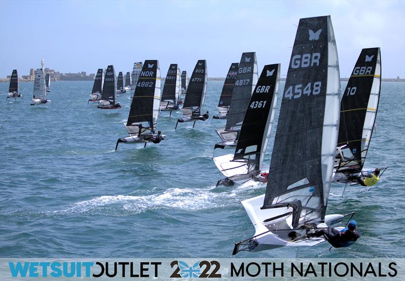 Race 8 Start on Day 2 of the 2022 Wetsuit Outlet UK Moth Class Nationals at the WPNSA photo copyright Mark Jardine / IMCA UK taken at Weymouth & Portland Sailing Academy and featuring the International Moth class