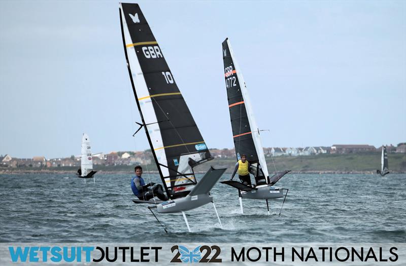 Dylan Fletcher and Simon Hiscocks approach the leeward gate during Race 13 on Day 4 of the 2022 Wetsuit Outlet UK Moth Class Nationals at the WPNSA - photo © Mark Jardine / IMCA UK