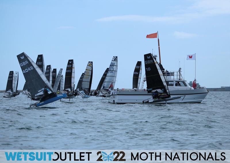 Dylan Fletcher bails from the Race 16 start on Day 4 of the 2022 Wetsuit Outlet UK Moth Class Nationals at the WPNSA - photo © Mark Jardine / IMCA UK