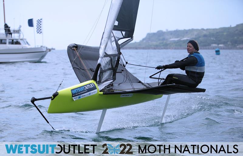 Josie Gliddon finishing Race 13 on Day 4 of the 2022 Wetsuit Outlet UK Moth Class Nationals at the WPNSA photo copyright Mark Jardine / IMCA UK taken at Weymouth & Portland Sailing Academy and featuring the International Moth class