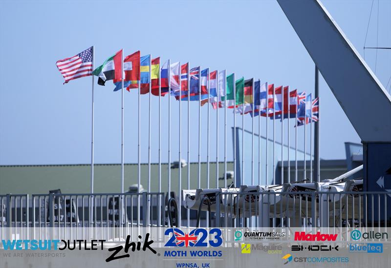 National Flags - Wetsuit Outlet and Zhik International Moth World Championship 2023 Day 1 photo copyright Mark Jardine / IMCAUK taken at Weymouth & Portland Sailing Academy and featuring the International Moth class