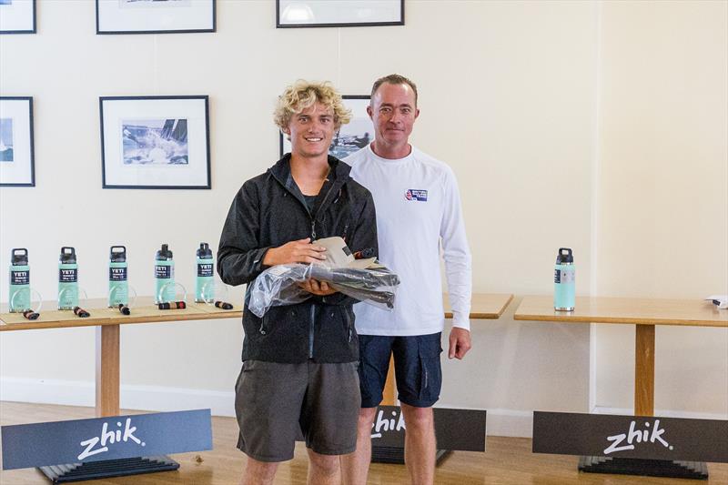 Wetsuit Outlet and Zhik International Moth World Championship 2023 Prize Giving - 1st placed Jacob Pye photo copyright Phil Jackson / Digital Sailing taken at Weymouth & Portland Sailing Academy and featuring the International Moth class