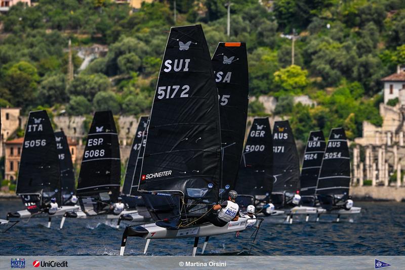 Fleet starts - International Moth Class - Lake Garda, Italy - July 2025 photo copyright Martina Orsini taken at Vela Club Campione del Garda and featuring the International Moth class