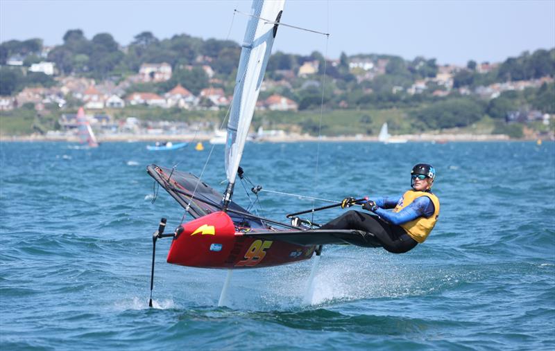 Wetsuit Outlet International Moth UK Nationals at the WPNSA Day 4 - GBR 4385 Grant Blake finishes Race 9 photo copyright Mark Jardine taken at Weymouth & Portland National Sailing Academy and featuring the International Moth class