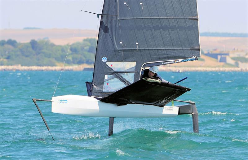 Wetsuit Outlet International Moth UK Nationals at the WPNSA Day 4 - GBR 4837 Doug Pybus mid-gybe into the Race 9 finish photo copyright Mark Jardine taken at Weymouth & Portland National Sailing Academy and featuring the International Moth class