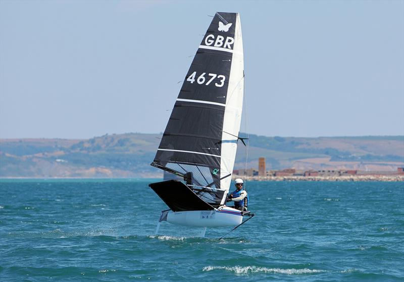 Wetsuit Outlet International Moth UK Nationals at the WPNSA Day 4 - GBR 4673 David Jessop downwind during Race 12 photo copyright Mark Jardine taken at Weymouth & Portland National Sailing Academy and featuring the International Moth class