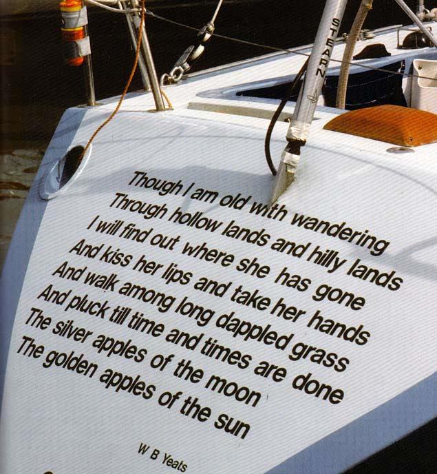 Hugh Coveney honoured his countryman WB Yeats on the transom of Golden Apples of the Sun with the words of the last stanza of "The Song of the Wandering Aengus"  photo copyright Ron Holland taken at Royal Cork Yacht Club and featuring the IOR class