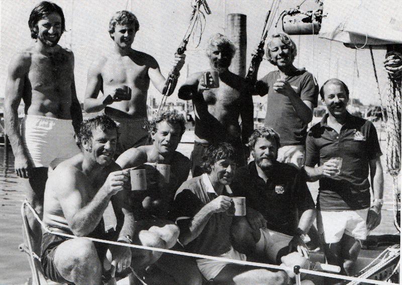 The triumphant Swuzzlebubble crew, top boat in the 1981 Admirals Cup - back row: Bret de Thier, Rick Dodson, Mike McCormick, Andy Ball, Tom Schmackenberg. Front row: Bob Eastmond, Grant Dalton, Ian Gibbs, Rick Bishop - photo © Alan Sefton