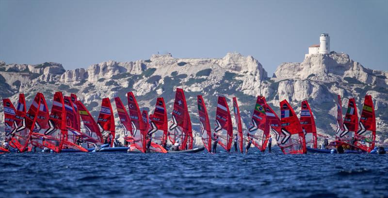 Start line with dramatic back drop - iQFOiL European Championships 2022 - photo © Pierick Jeannoutot