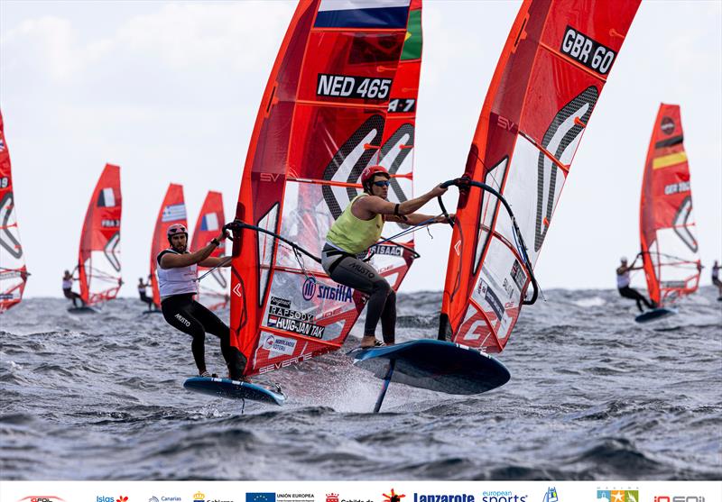 Sam Sills (GBR), more leader. Nico Goyard (FRA) holds on to second place on iQFOiL Lanzarote International Games day 3 photo copyright Sailing Energy taken at Lanzarote Sailing Center and featuring the iQFoil class