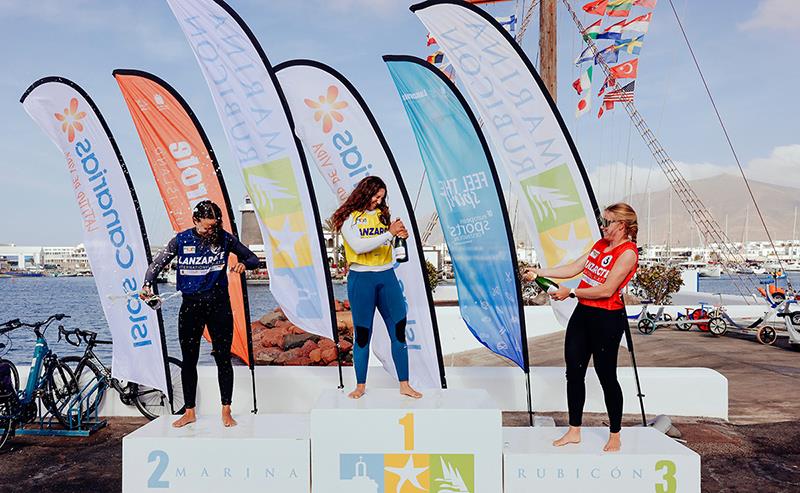 Final Podium Women, right after finishing - 2023 Lanzarote iQFOiL Games - photo © Sailing Energy/Marina Rubicón
