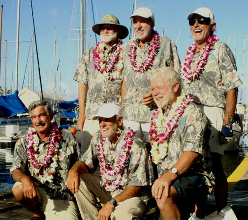 Bubala's greybeard but happy crew at Waikiki. Skipper Lloyd Sellinger, 72, standing at center after finishing the Centenial Transpac photo copyright Rich Roberts taken at  and featuring the IRC class