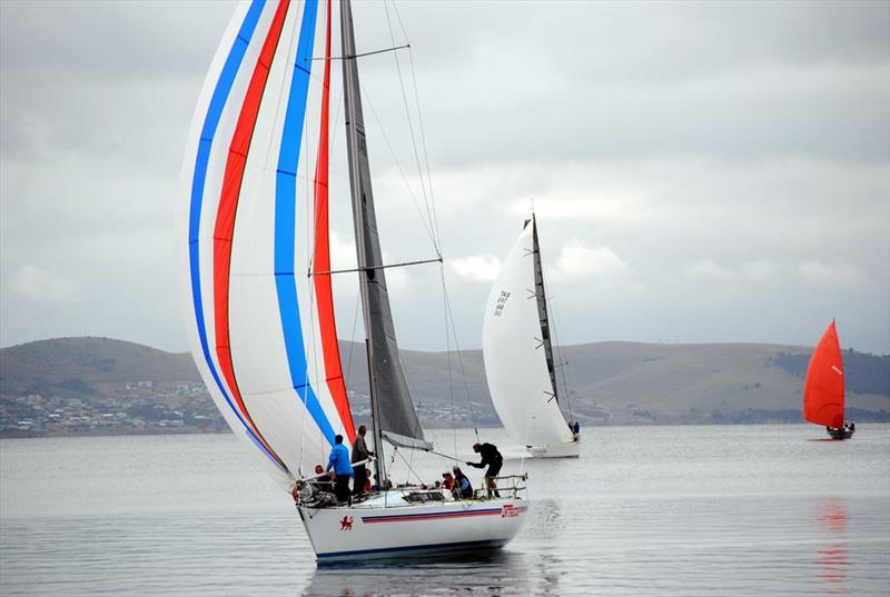 Intrigue takes line honours with The Fork in the Road astern of her during the 90th Bruny Island Race photo copyright Peter Campbell taken at Royal Yacht Club of Tasmania and featuring the IRC class