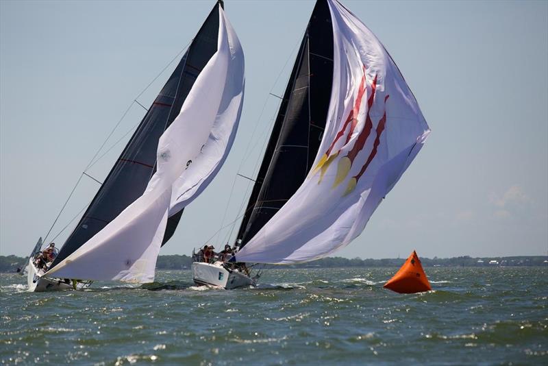 Who'll blink first? The Melges 30 Cougar and the 1D35 Fearless face off on day 1 at Charleston Race Week - photo © Charleston Race Week / Meredith Block