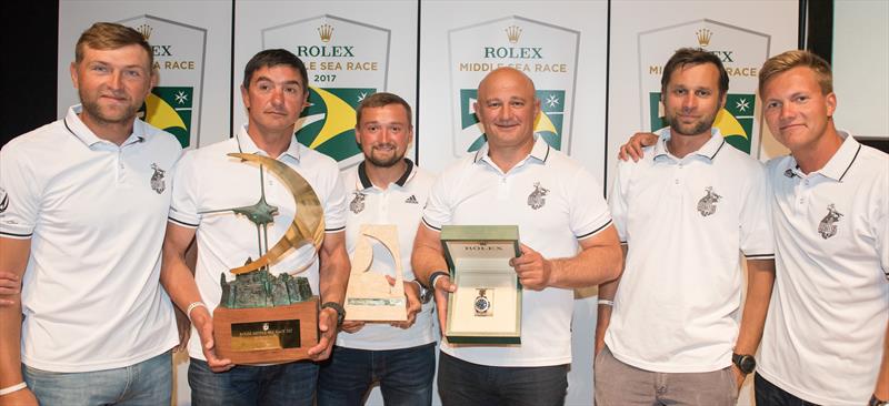 Igor Rytov and the crew of Bogatyr win the 2017 Rolex Middle Sea Race photo copyright Rolex / Kurt Arrigo taken at Royal Malta Yacht Club and featuring the IRC class