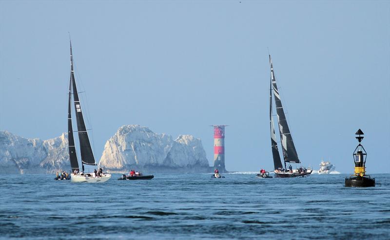 The leaders pass Hurst Castle and approach the Needles during the 2018 Round the Island Race photo copyright Mark Jardine / YachtsandYachting.com taken at  and featuring the IRC class