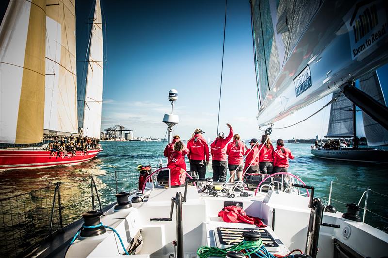 Maiden departs Auckland escorted by the legendary Steinlager 2 - photo © Amalia Infante