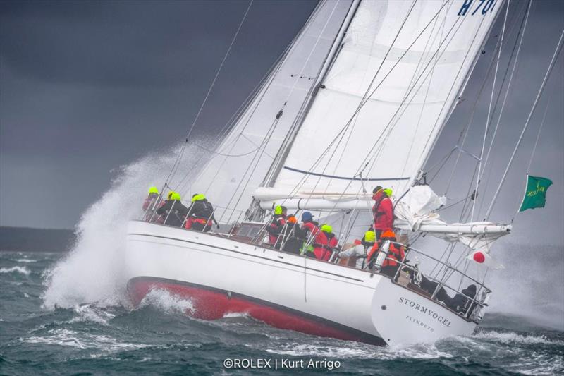 The classic 74ft 1961 ketch Stormvogel, skippered by Graeme Henry, smashes to windward after the start of the Rolex Fastnet Race - photo © Kurt Arrigo / Rolex